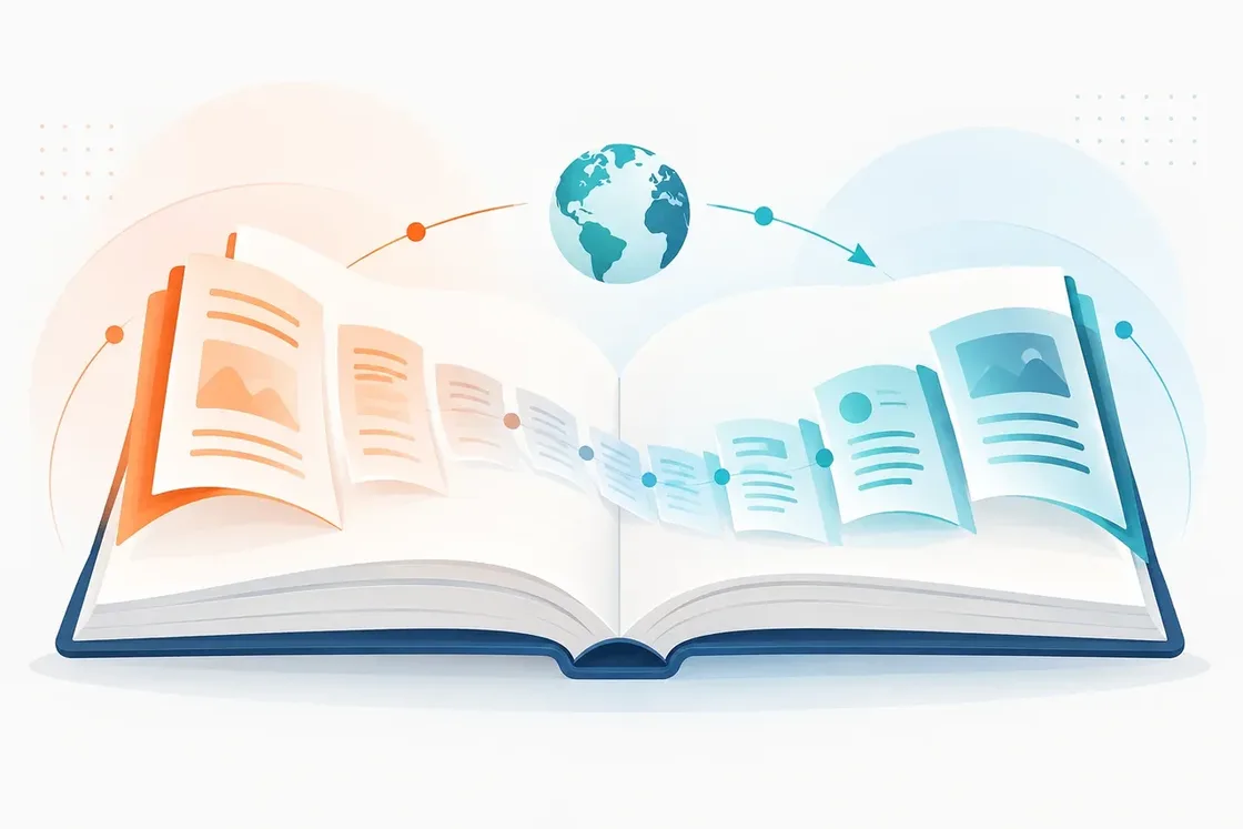 Розгорнута книга, сторінки якої перекладаються від першого розділу до останнього, зберігаючи послідовність тексту